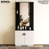 Vanity table with mirror and storage compartments on a plain background, featuring Bongo Furniture branding.